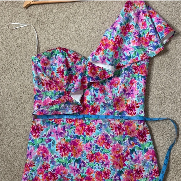 Amanda Uprichard Mini Dress One Shoulder Floral Watercolor Cotton Size Large - Picture 11 of 16